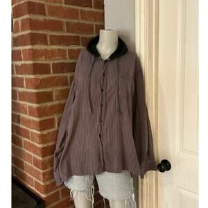 Azur Button Shirt with hood, Plus 2X Vertical Pin stripe, Indie Gorpcore Y2K